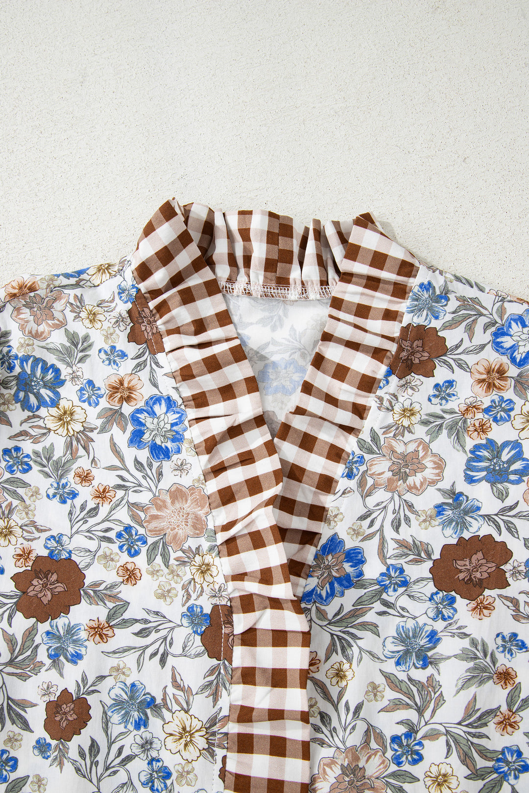 Plaid Frilled Trim V Neck Floral Long Sleeve Blouse