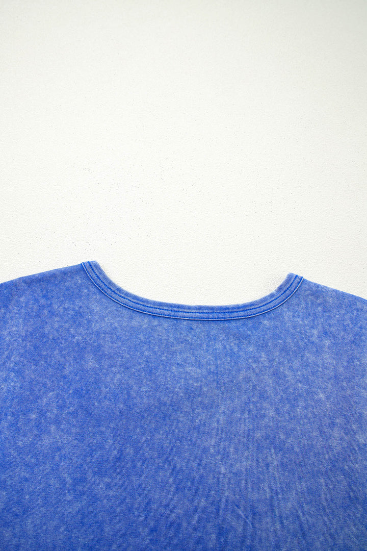 Sky Blue Mineral Wash Raw Seam Lace Sleeve Cotton Tee