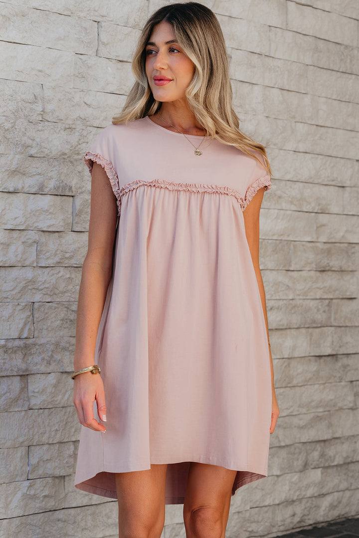 Frilled Trim Crew Neck Loose Fit Mini Dress