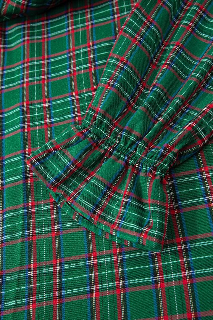 Green Tartan Plaid Square Neck Knot Waist Flared Midi Dress