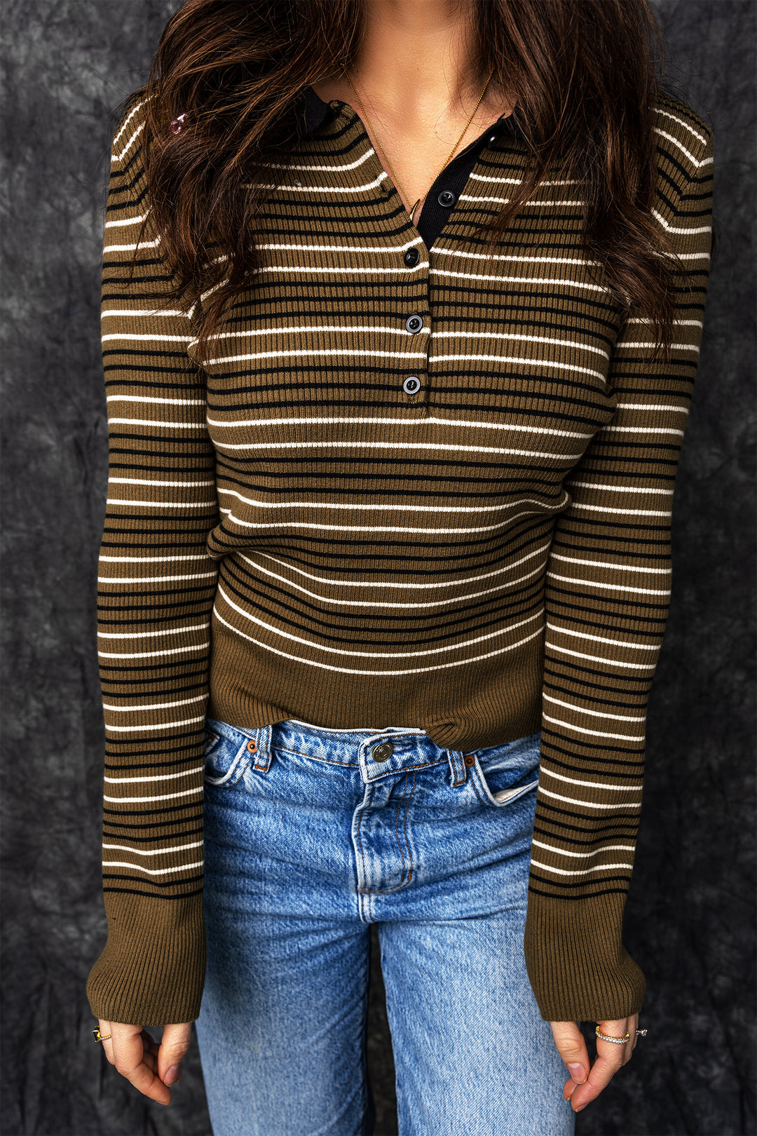 Green Striped Ribbed Knit Button Collar Sweater