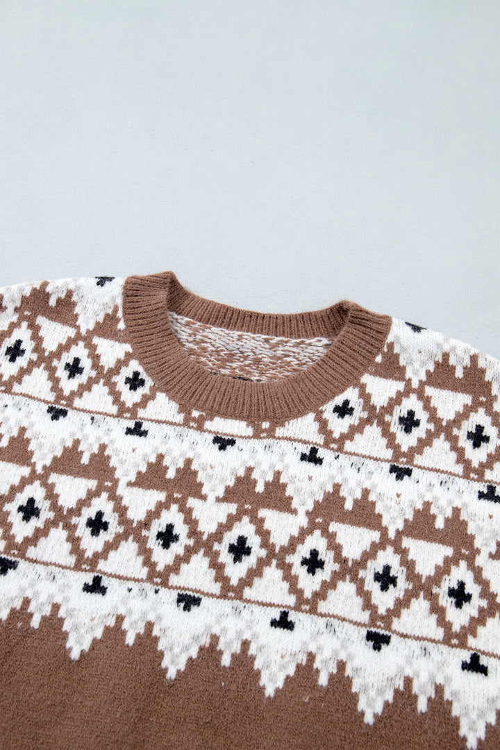 Khaki Geometric Print Casual Pullover Sweater