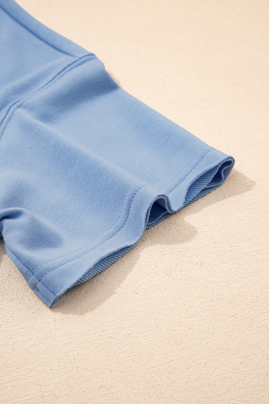 Sky Blue Solid Color Contrast Textured Patchwork Raw Edge 2pcs Short Set