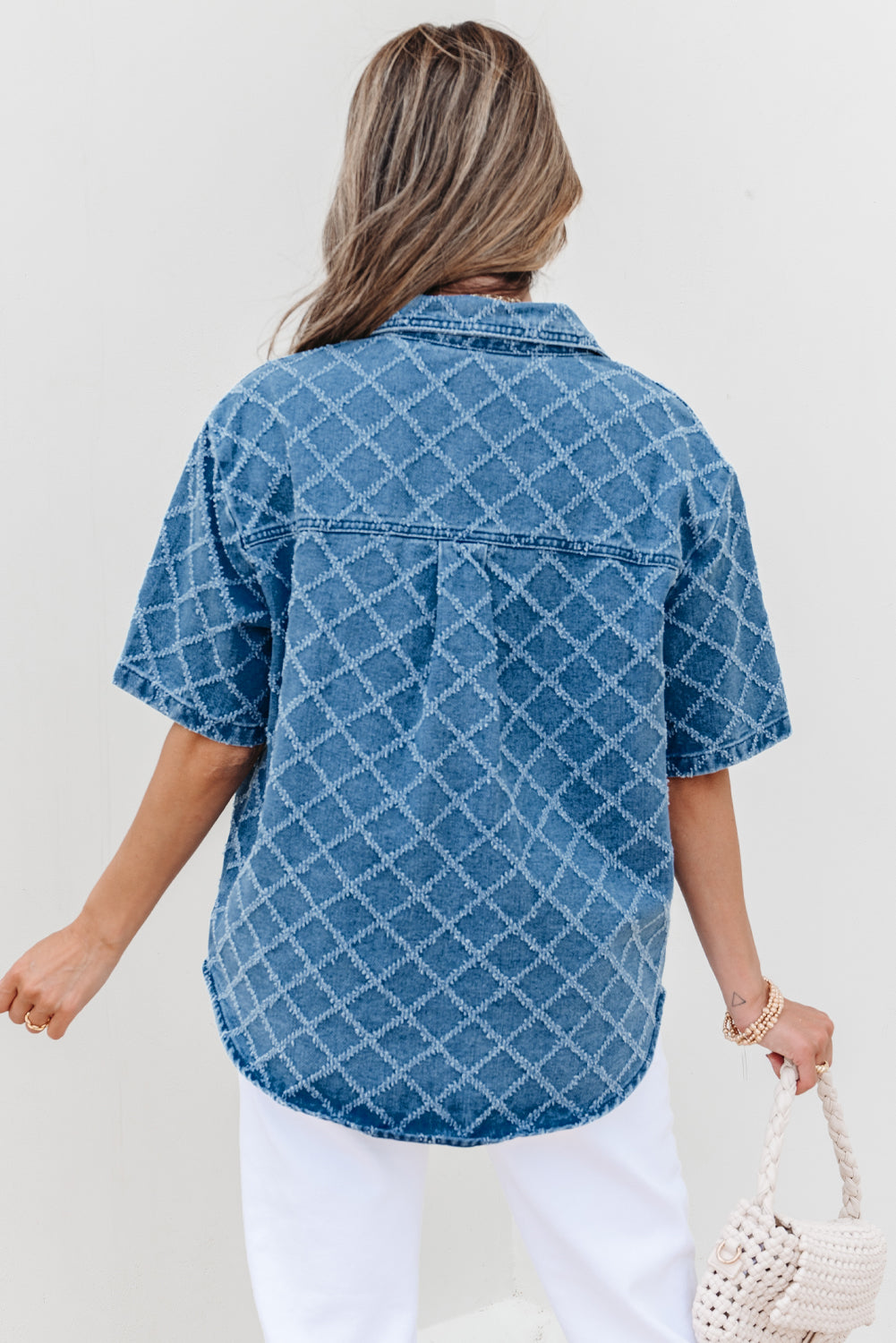 checkered textured short sleeve patched pocket denim shirt