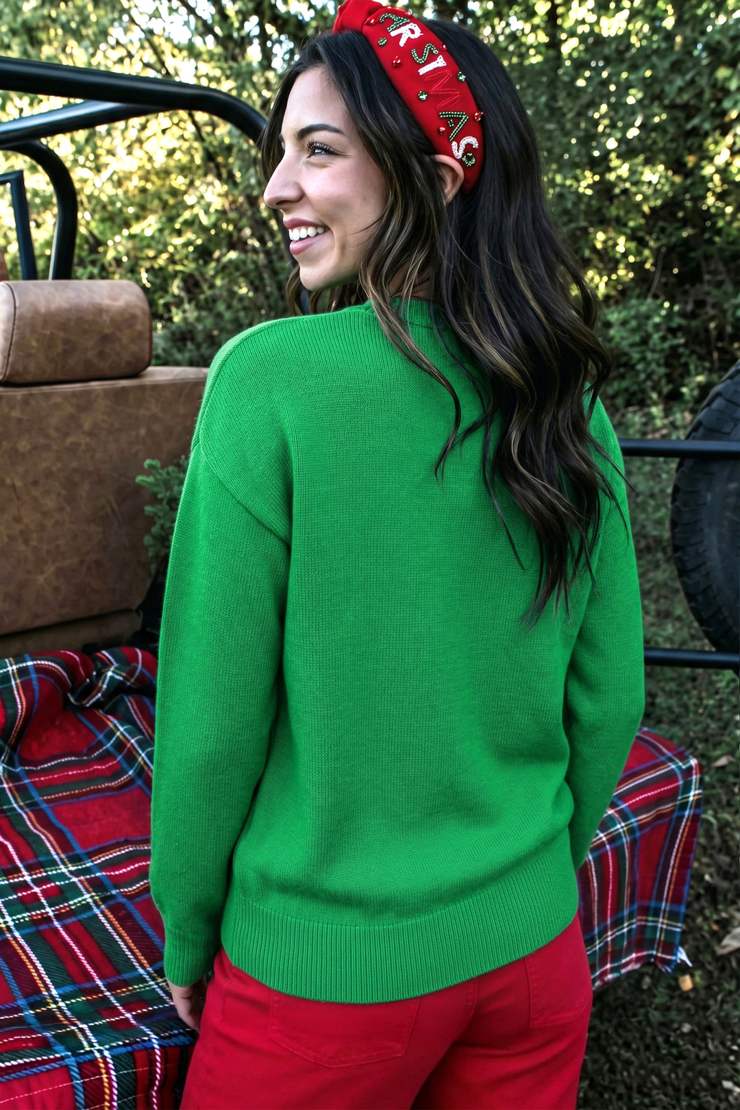 Dark Green Abstract Patch Embroidery Christmas Pullover Sweater