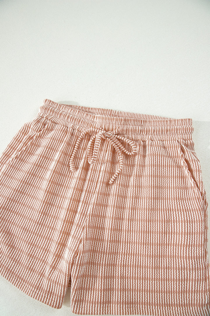 Khaki Stripe Raised Rib Loose Tee Drawstring Elastic Waist 2pcs Short Set