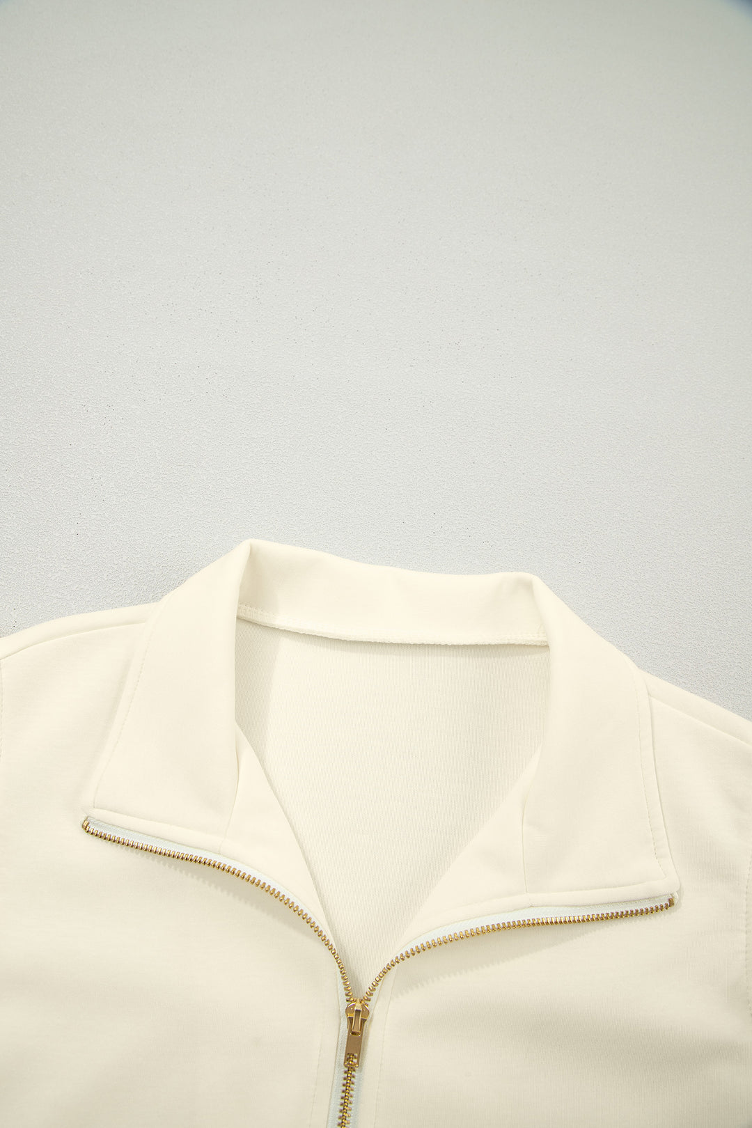 Beige Zipped up Collared Ruffled Short Sleeve Blouse