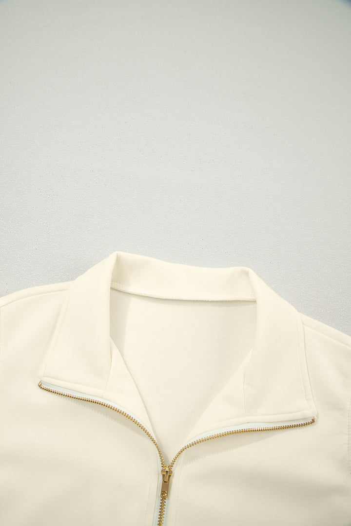 Beige Zipped up Collared Ruffled Short Sleeve Blouse