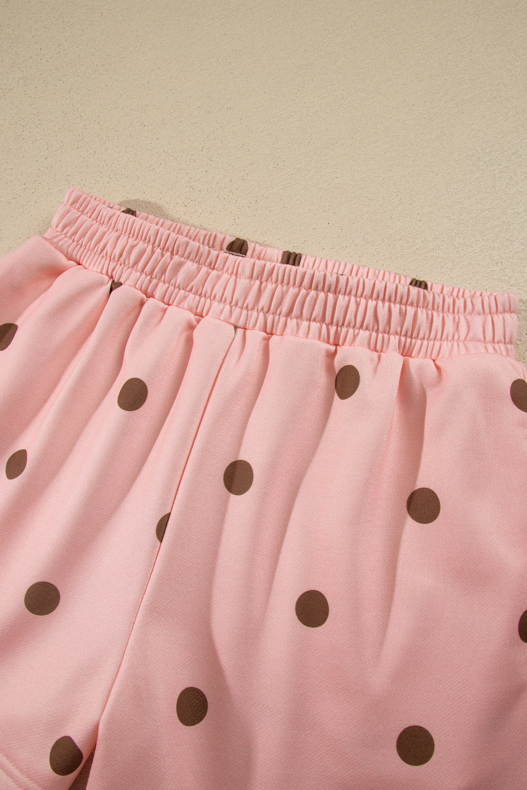 Pink Polka Dot Ribbed Trim Long Sleeve Top Casual Short Set