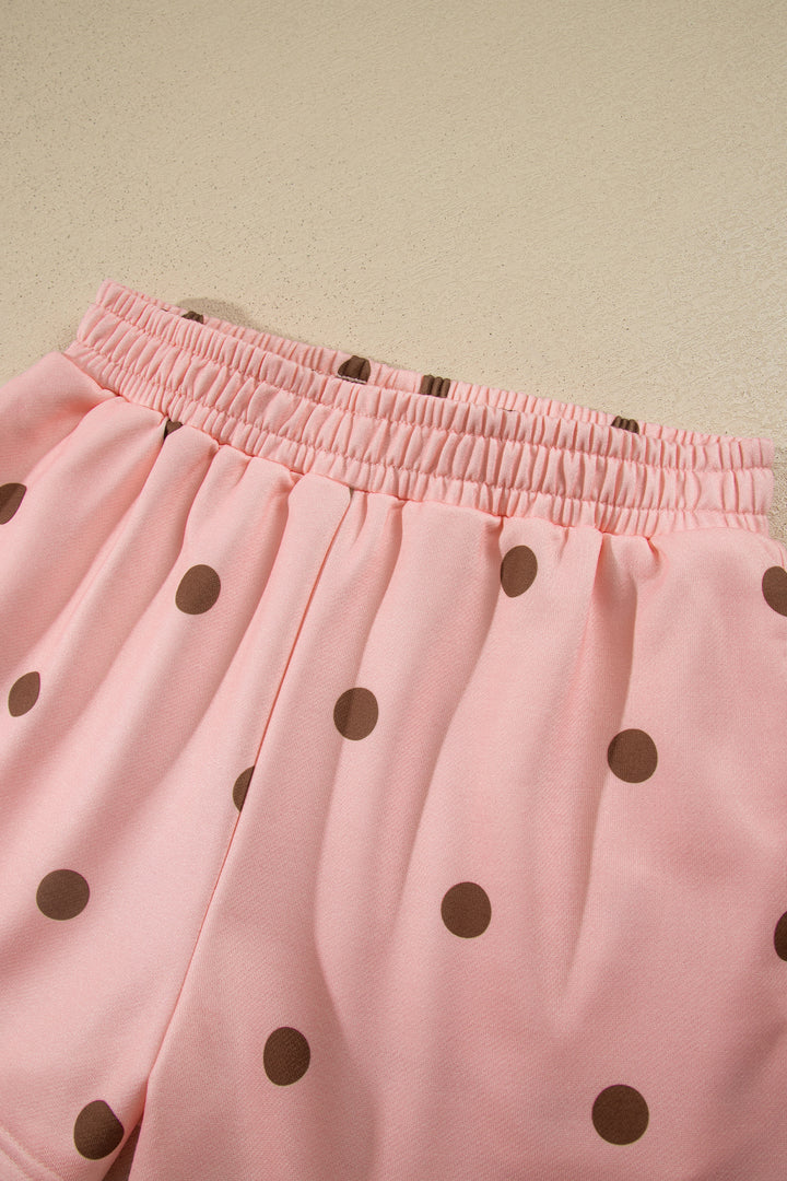 Pink Polka Dot Ribbed Trim Long Sleeve Top Casual Short Set