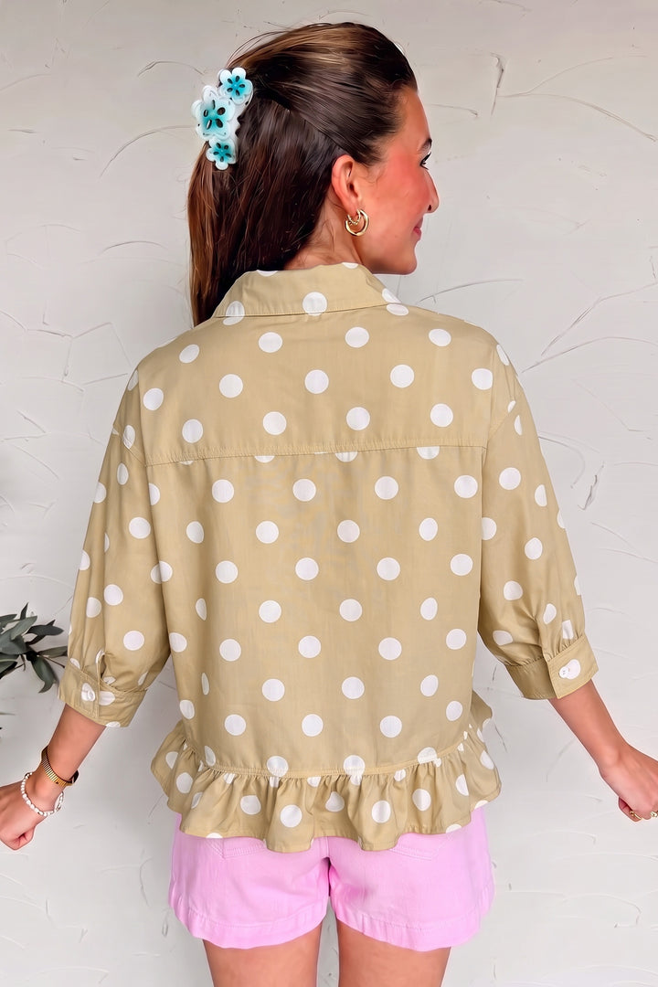 Khaki Polka Dot Print Three Quarter Sleeve Ruffle Hem Casual Shirt