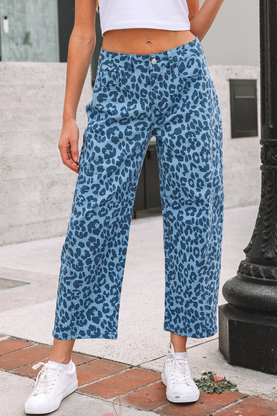 Sky Blue Leopard Print Barrel Leg Jeans