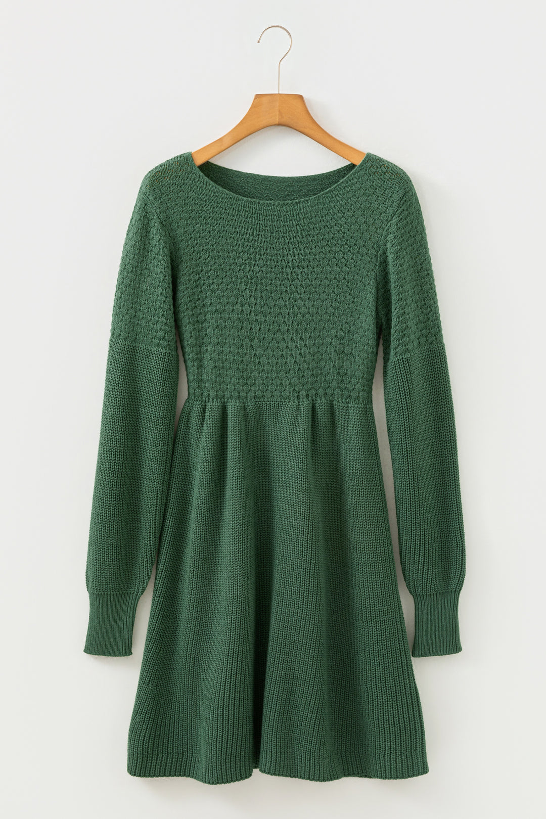 Green Solid Lantern Sleeve Empire Waist Short Sweater Dress