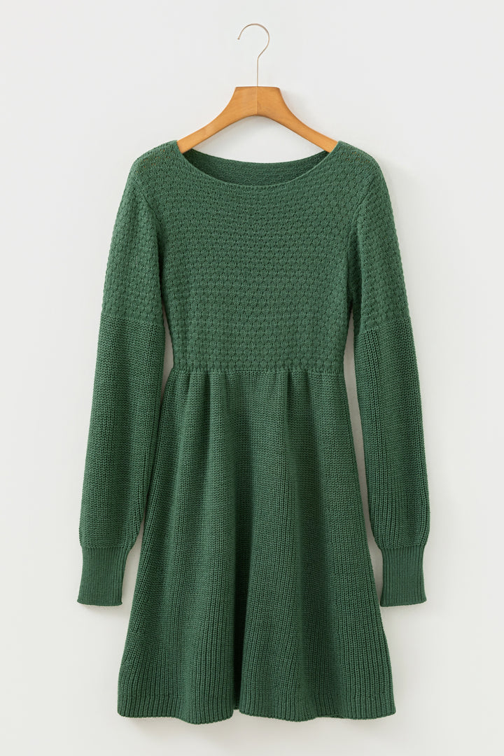 Green Solid Lantern Sleeve Empire Waist Short Sweater Dress