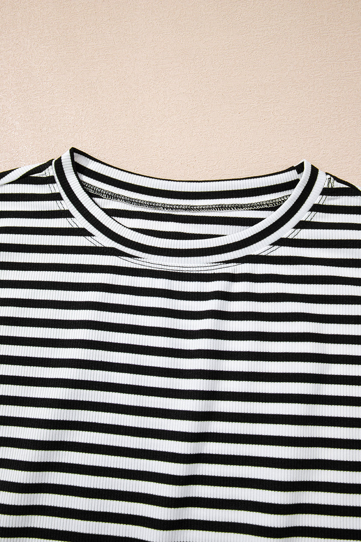 Ribbed Cap Sleeve Round Neck T Shirt