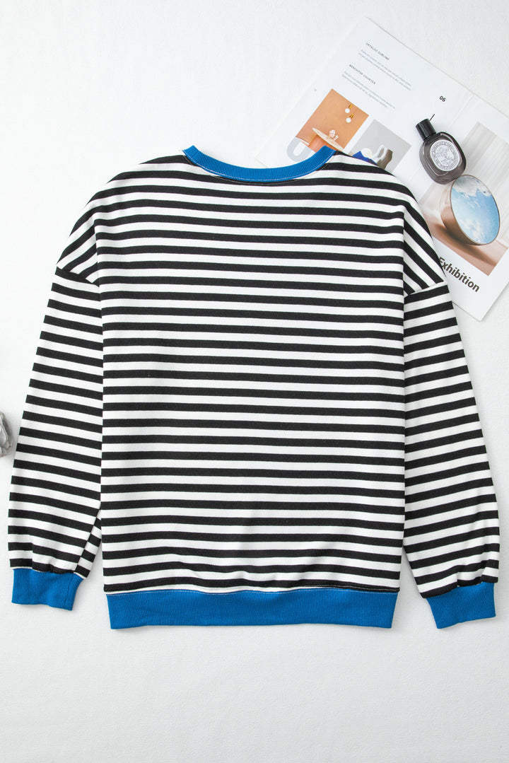 Striped Contrast Ribbed Trim Crossed Stitch Drop Shoulder Sweatshirt