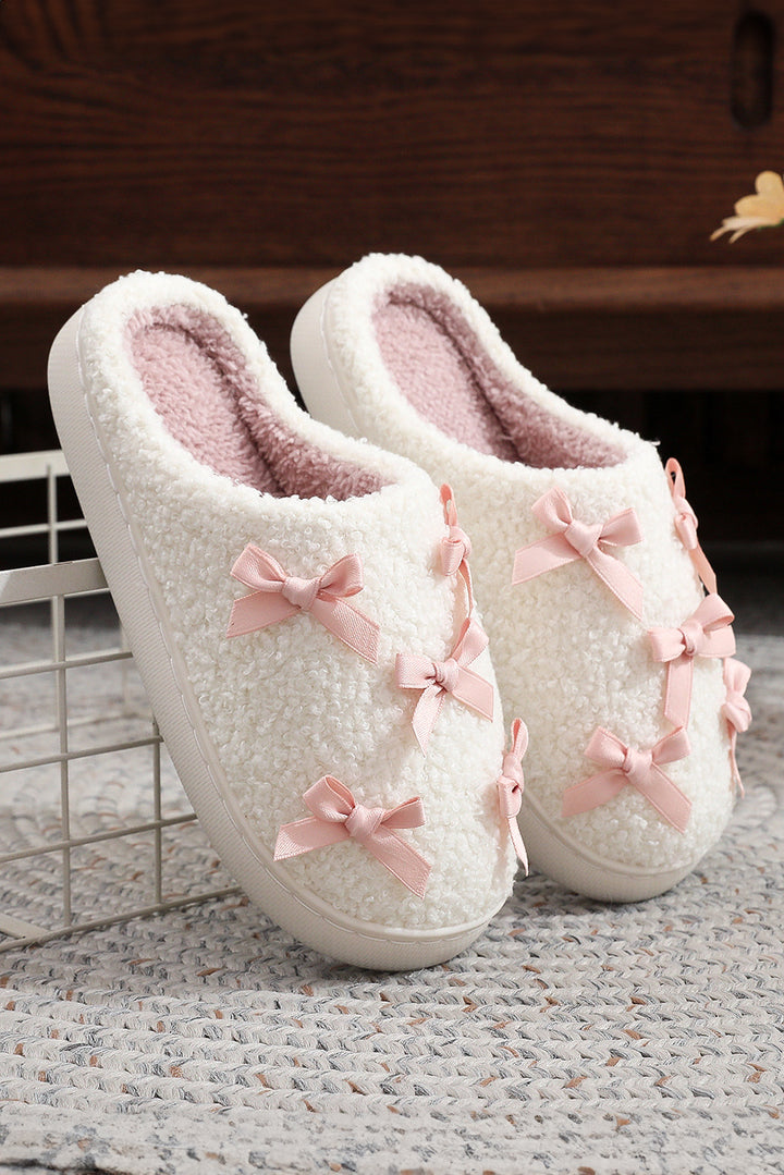 Ribbed Bow Decor Plush House Slipper