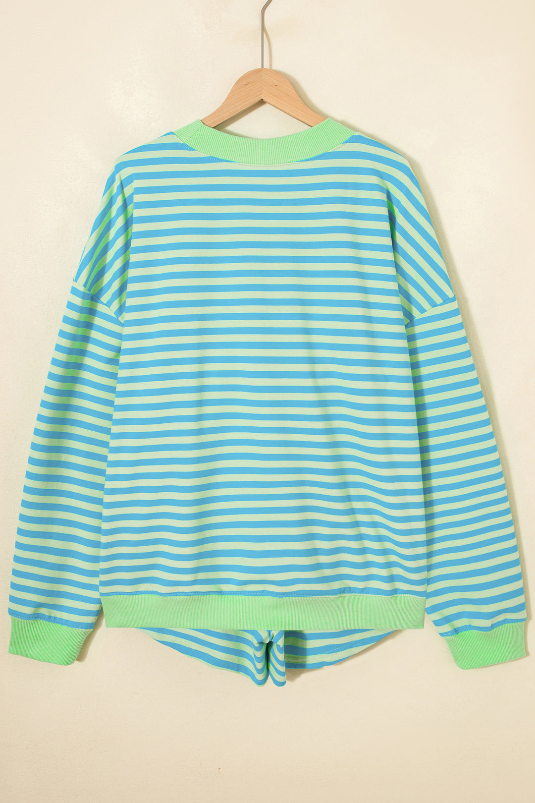 Green Stripe Color Block Detail Long Sleeve Pullover Elastic Waist Pull On Shorts 2pcs Set