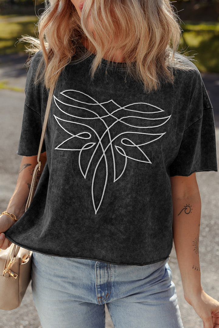 floral embroidered mineral wash crew neck t shirt