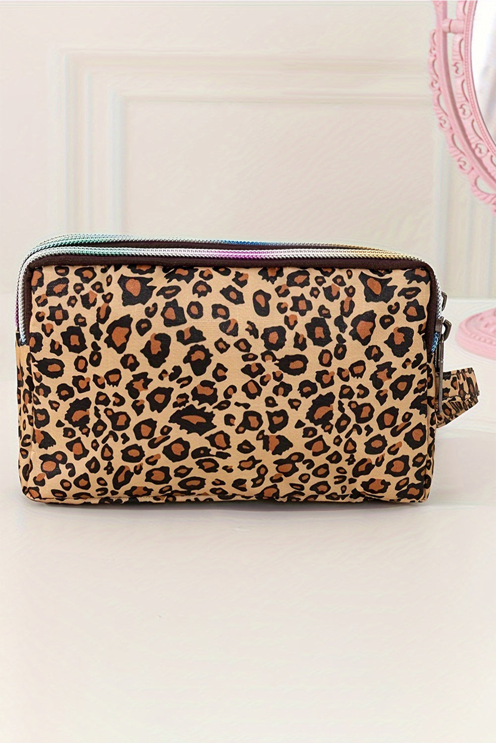 Leopard Print PU Leather Wristlet Zipper Makeup Bag