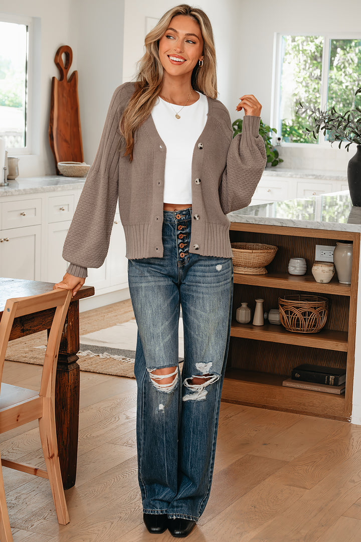 Mixed Texture Knit Button V Neck Sweater Cardigan