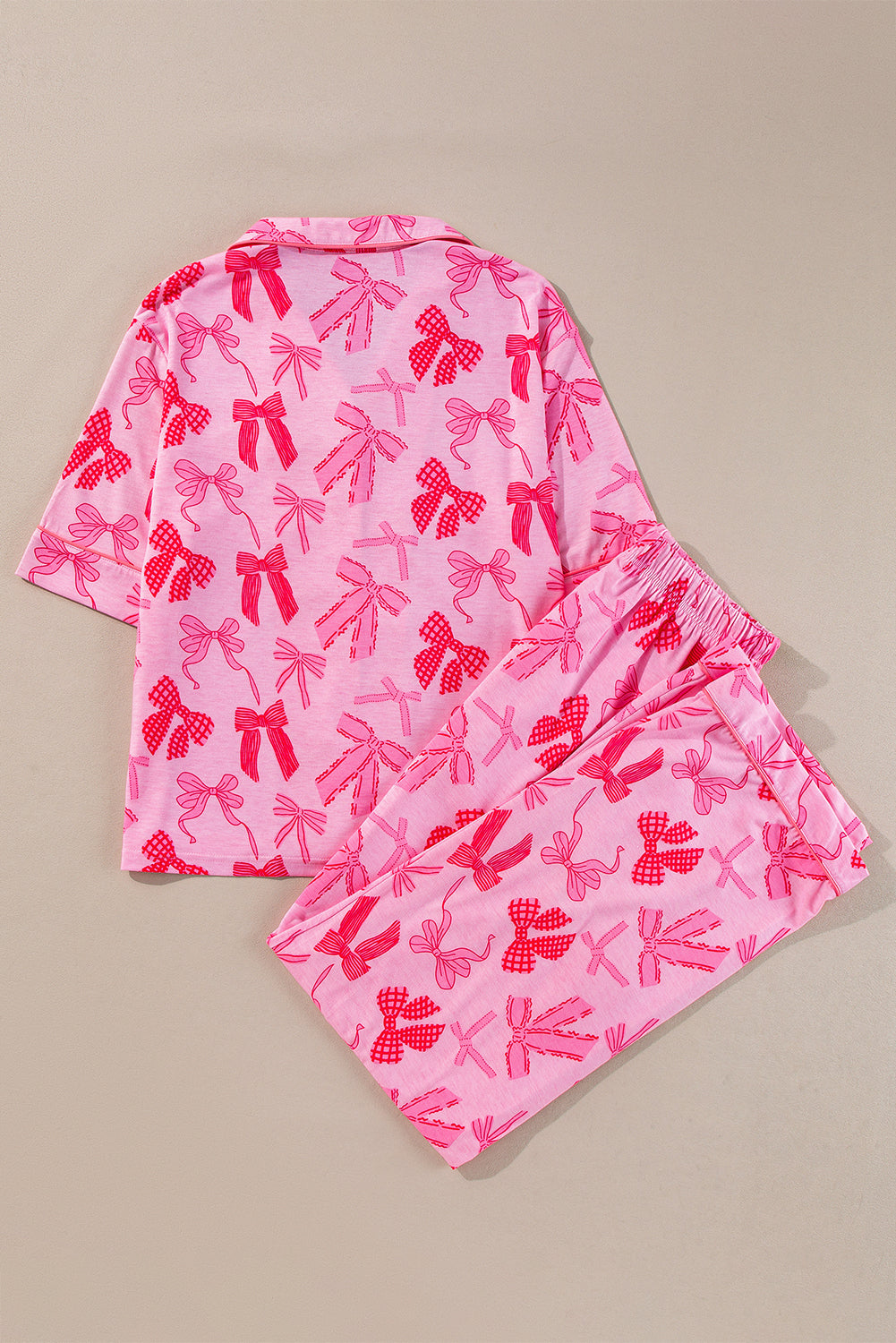 bow knot print lapel collar short sleeve and pants pajamas set