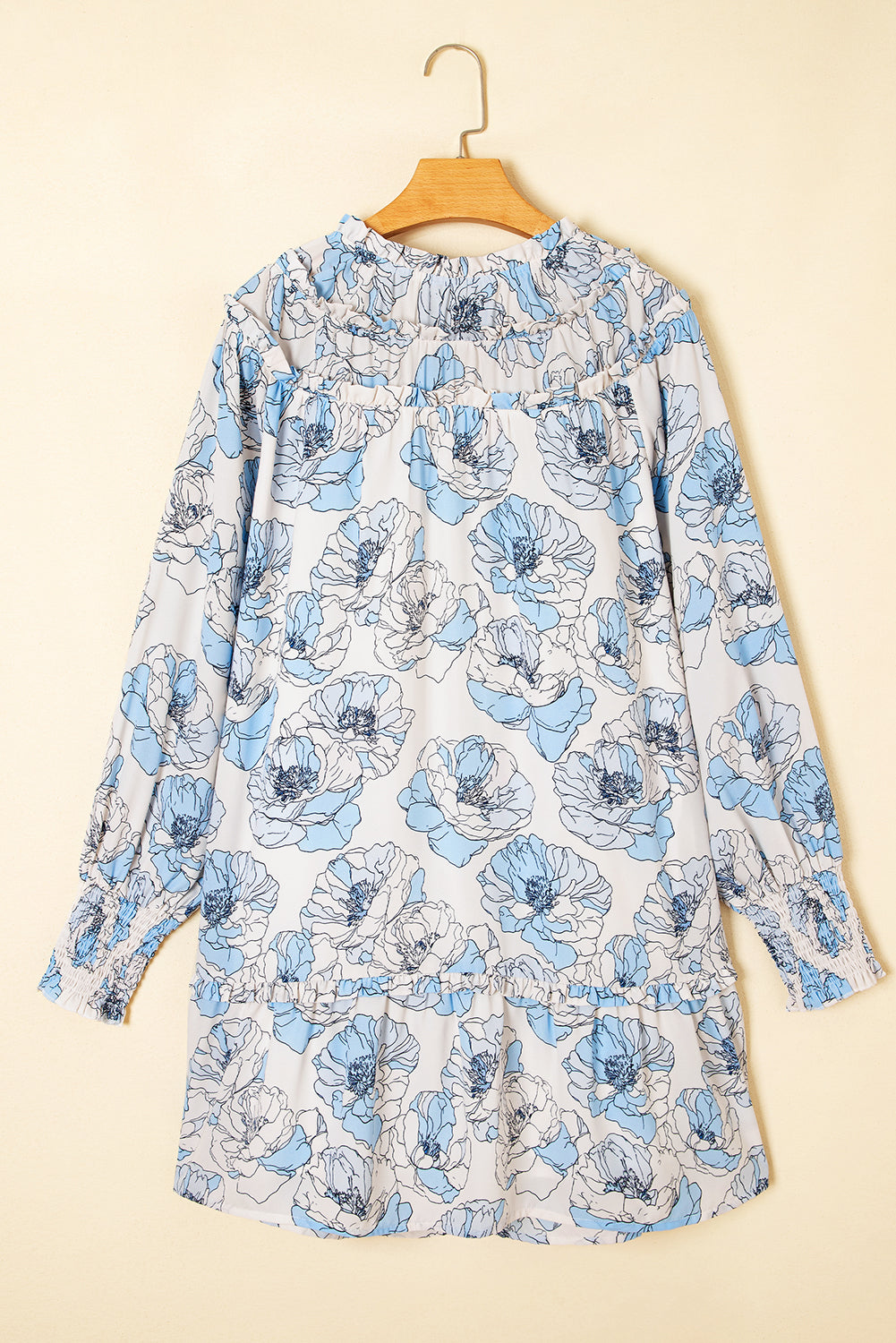 Floral Print Tie Neck Long Sleeve Flowy Mini Dress