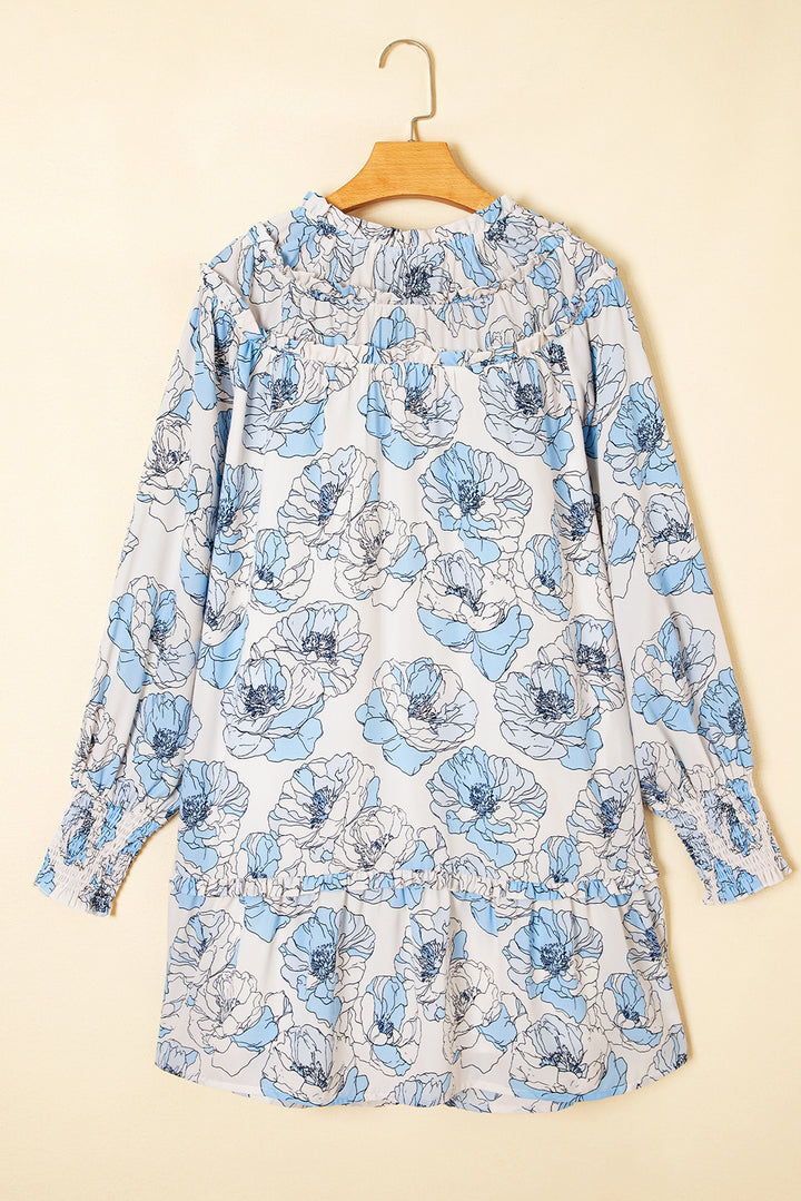 Floral Print Tie Neck Long Sleeve Flowy Mini Dress