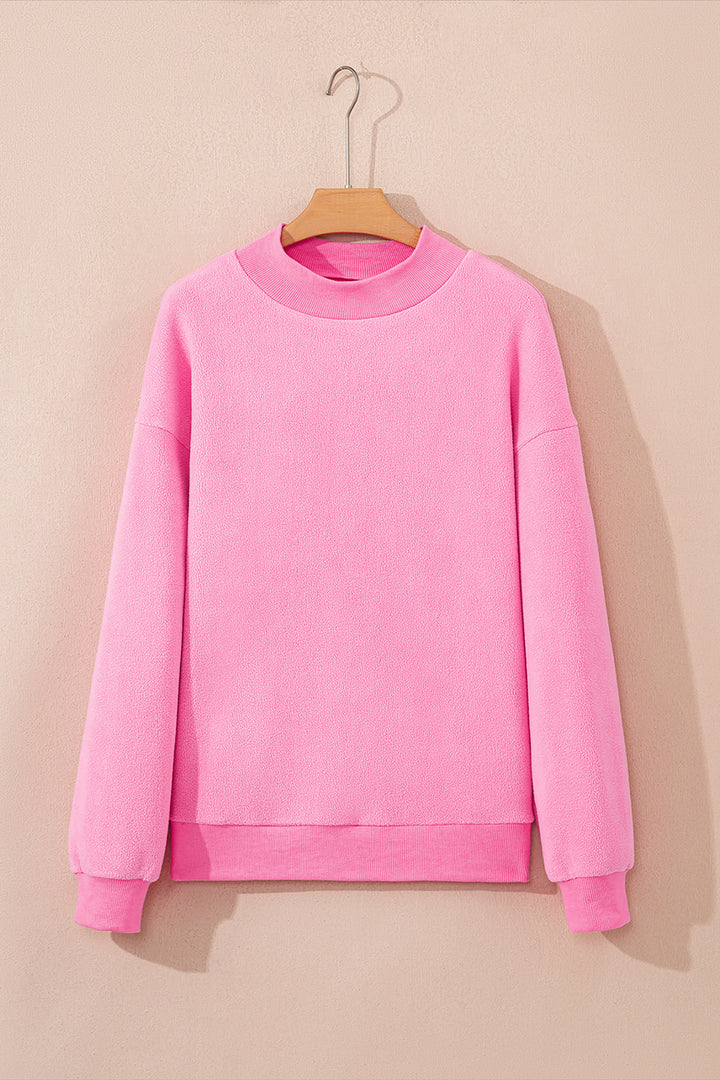 Bright Pink Oversize Drop Shoulder Reversible Mock Neck Sweatshirt