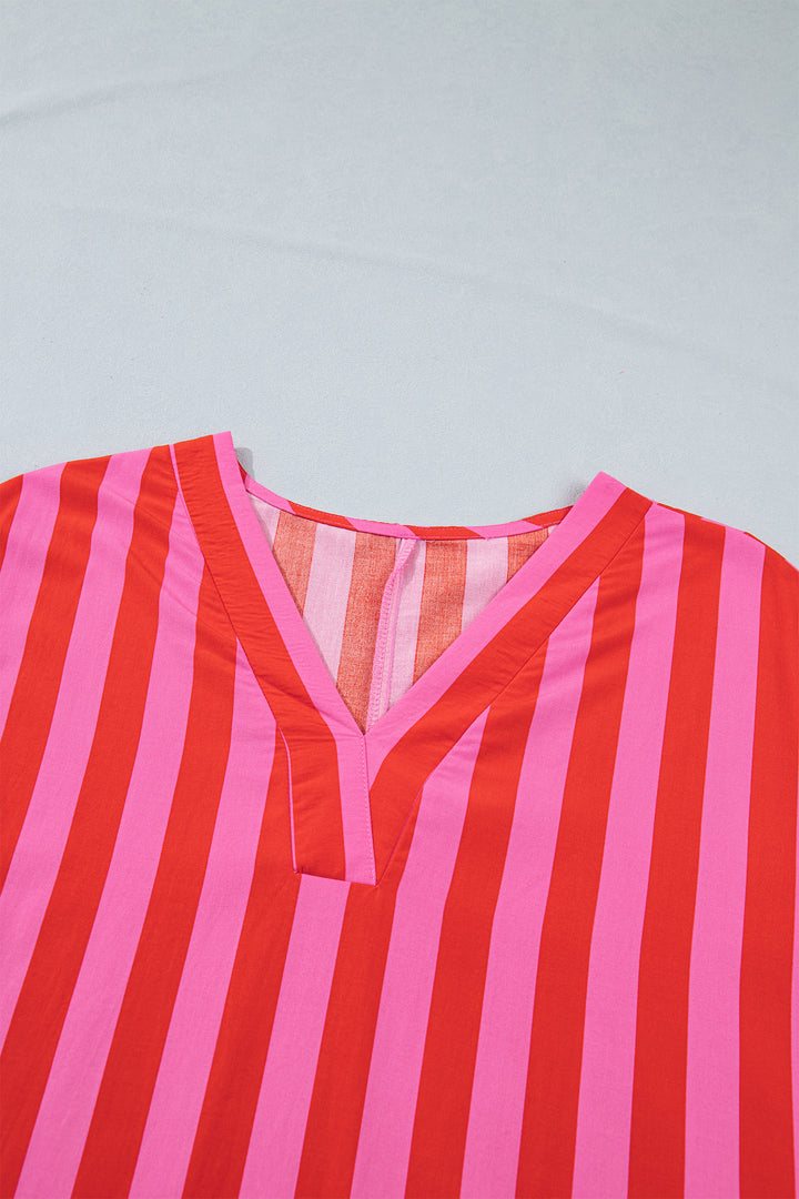 Red Stripe V Neck Cuffed Sleeve Relaxed Split Midi Dress