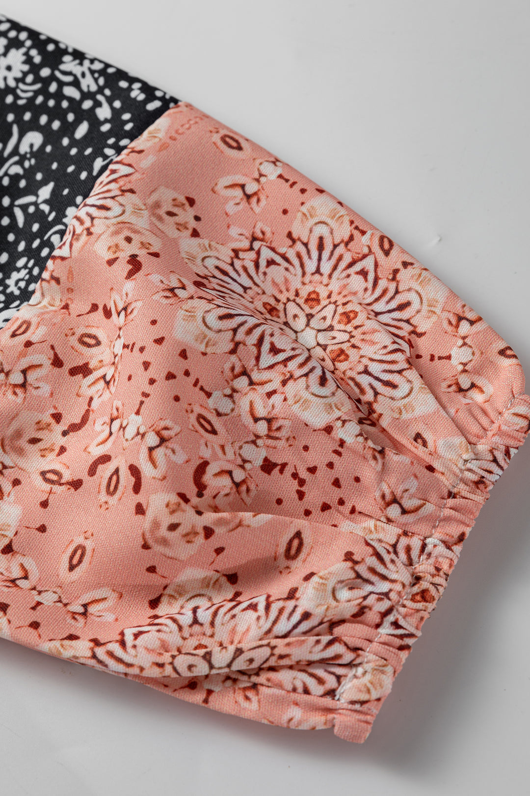 Floral Patchwork Textured Knit Drawstring V Neck Blouse