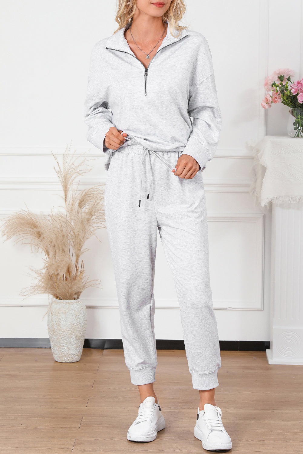 Solid Half Zipped Drawstring High Waist Lounge Set
