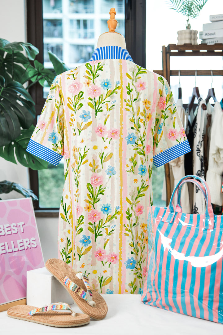 Chic Multicolour Floral Print Striped Trim Button Down Shift Dress