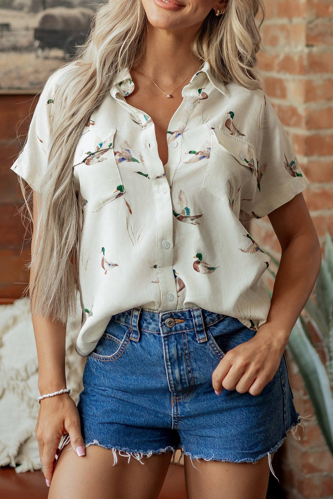 White Mallard Printed Button Flap Pocket Short Sleeve Shirt