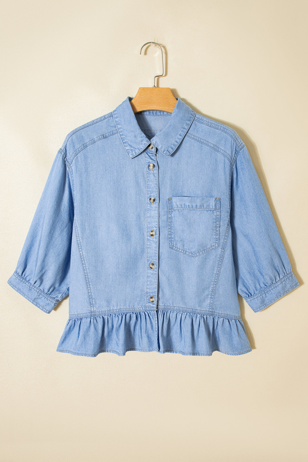 Half Sleeve Button Down Ruffled High Low Chambray Shirt