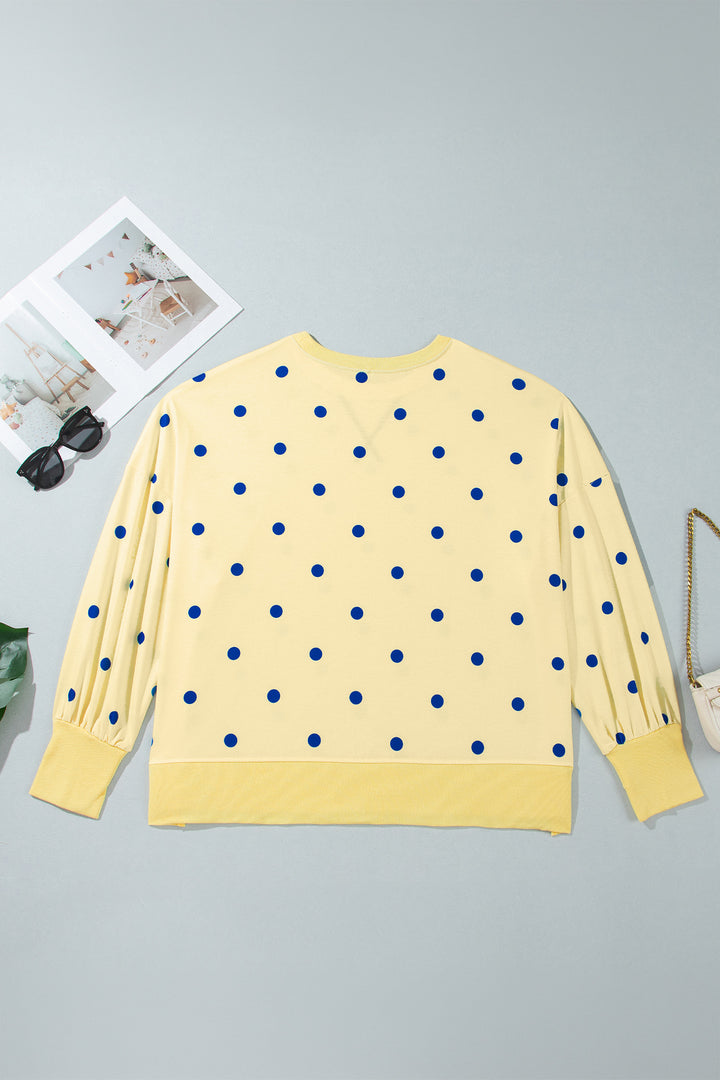 Yellow Round Neck Long Sleeve Polka Dot Plus Size Top
