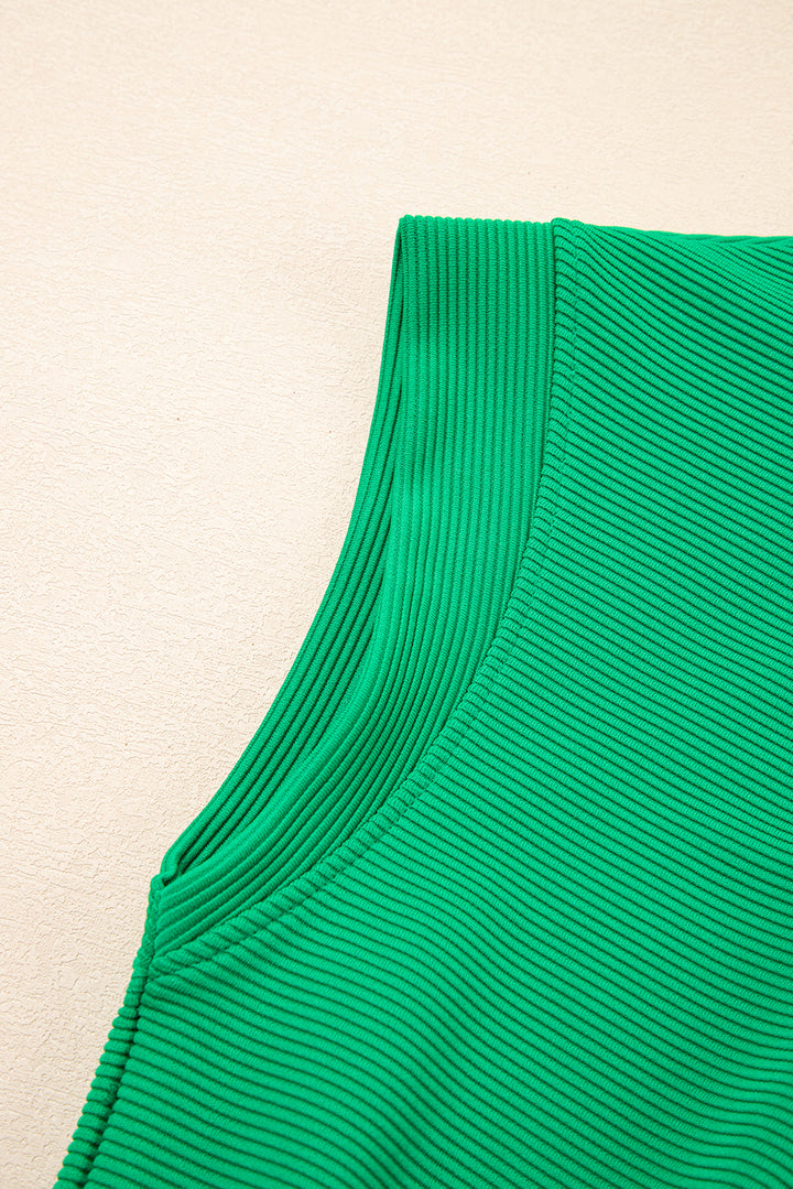 Bright Green Textured Short Sleeve Half Zip Drawstring Elastic Waistband Romper