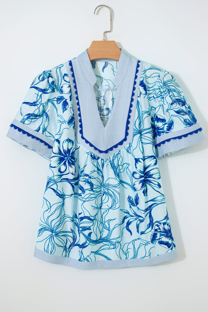 Ricrac Trim Slit V Neck Short Sleeve Floral Blouse