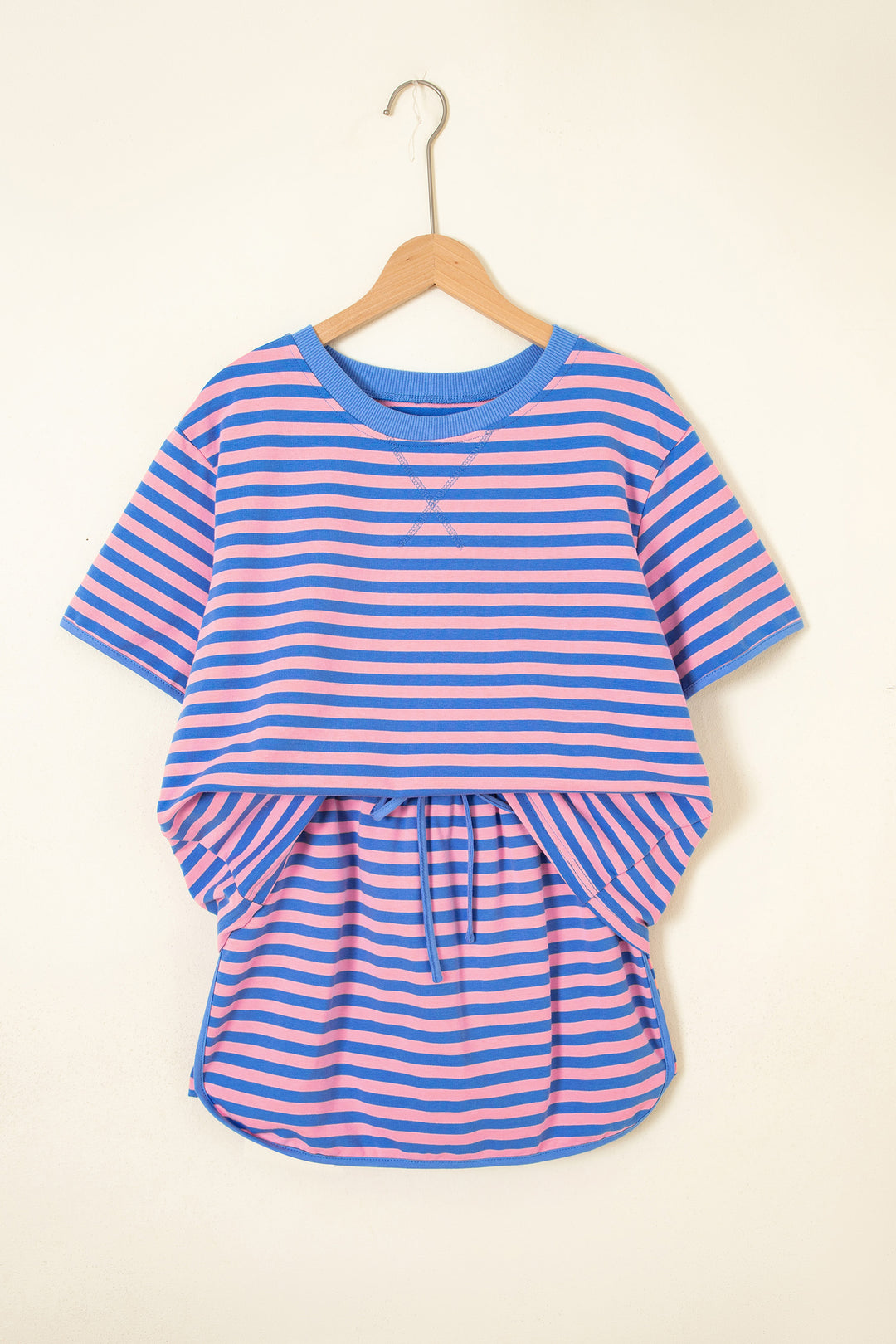 Blue Stripe Relaxed Short Sleeve Top Elastic Waist Skort 2pcs Set
