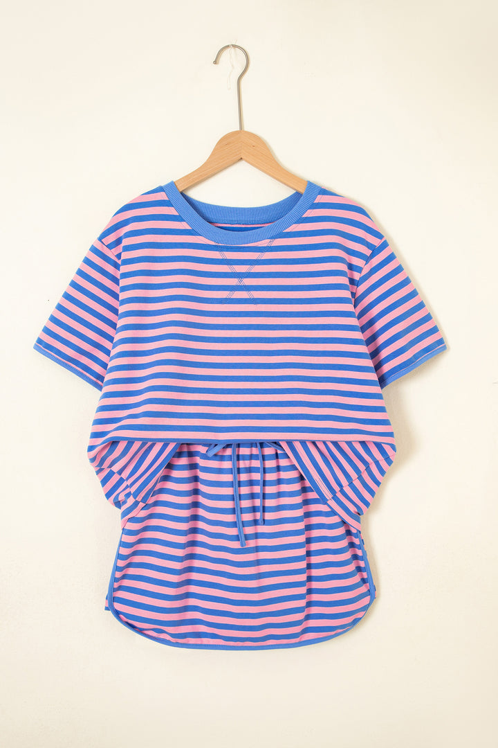 Blue Stripe Relaxed Short Sleeve Top Elastic Waist Skort 2pcs Set