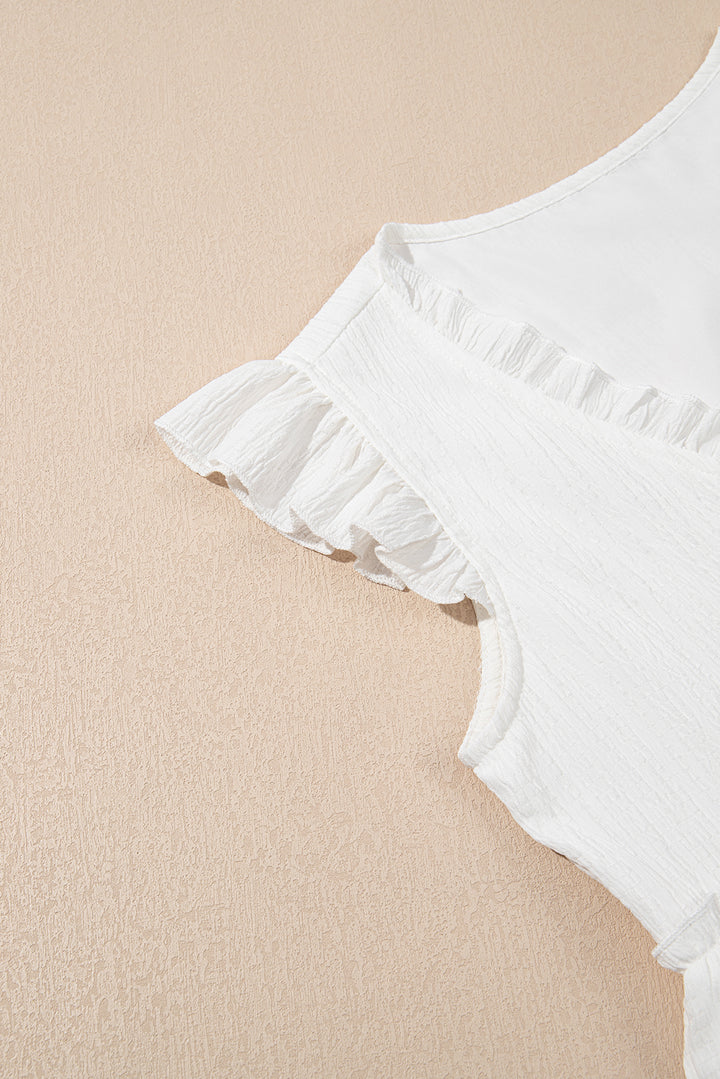 Textured Ruffled Trim V Neck Flutter Flowy Top