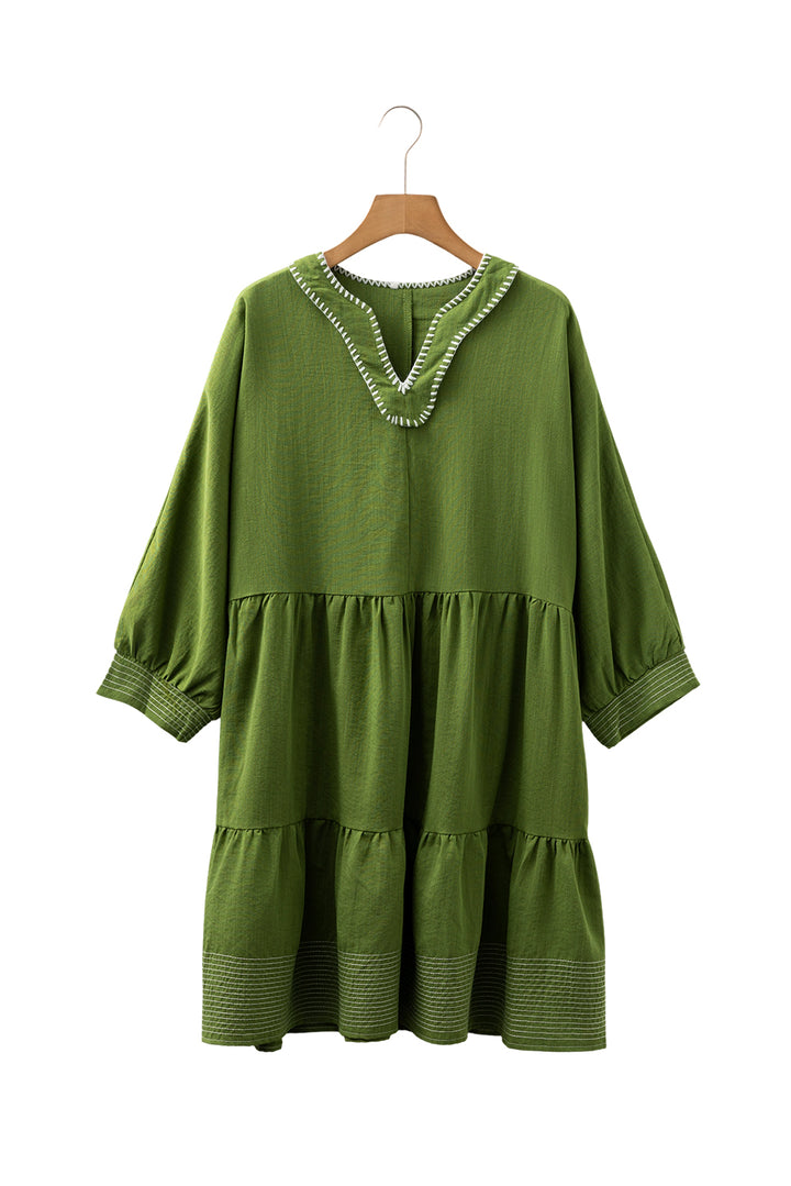 Contrast Stitched V Neck 3/4 Sleeve Tiered Mini Dress