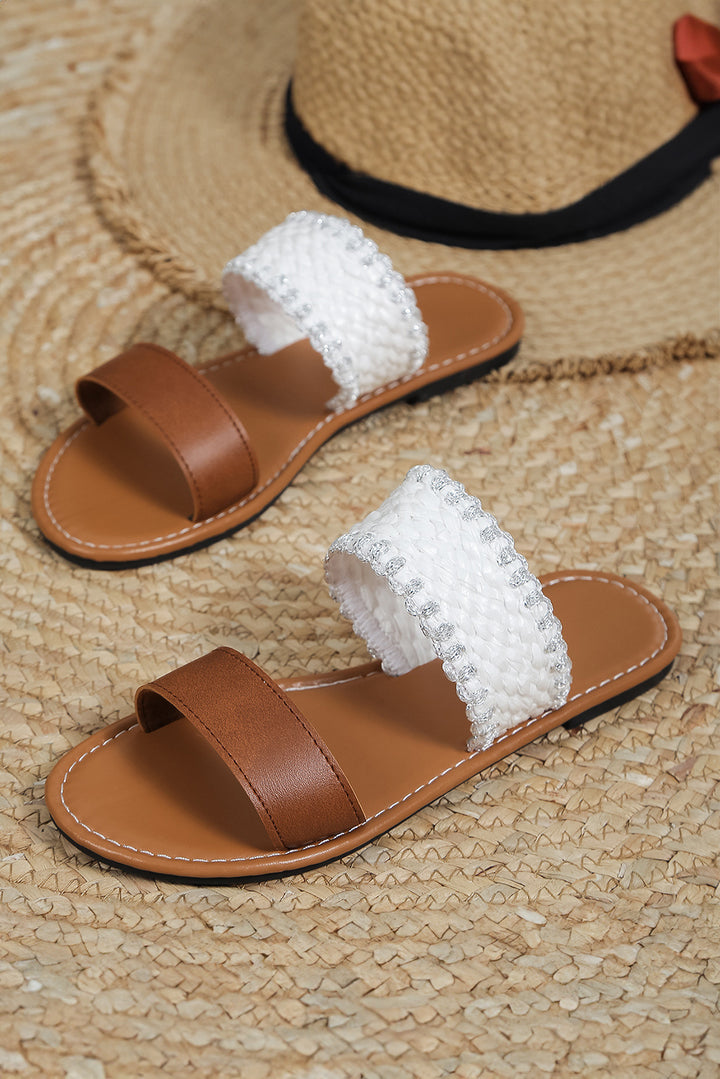 Faux Leather Woven Strap Flat Slippers
