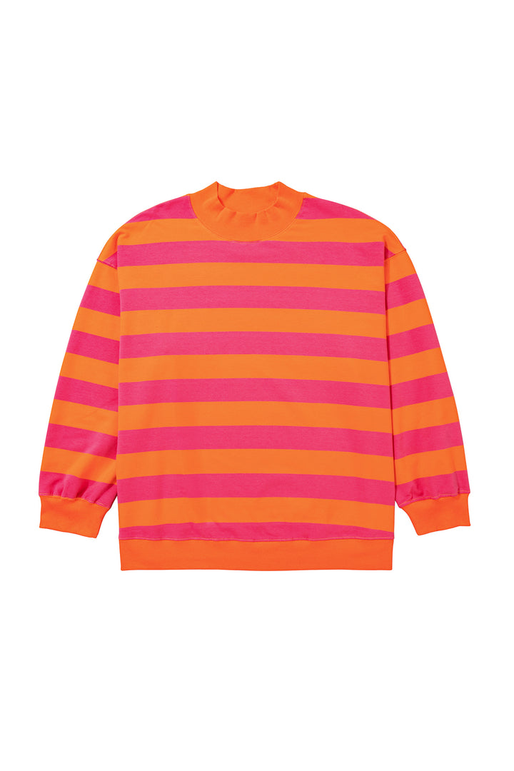 Orange Stripe Ribbed Trim Stand Neck Dropped Shoulder Plus Size Sweatshirt