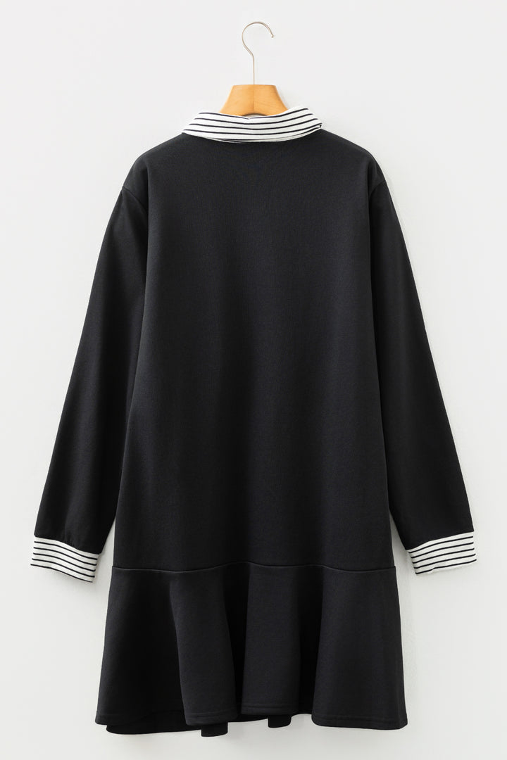 Black Plus Size Striped Cuffs Polo Collar Patchwork Long Sleeve Ruffle Hem Dress