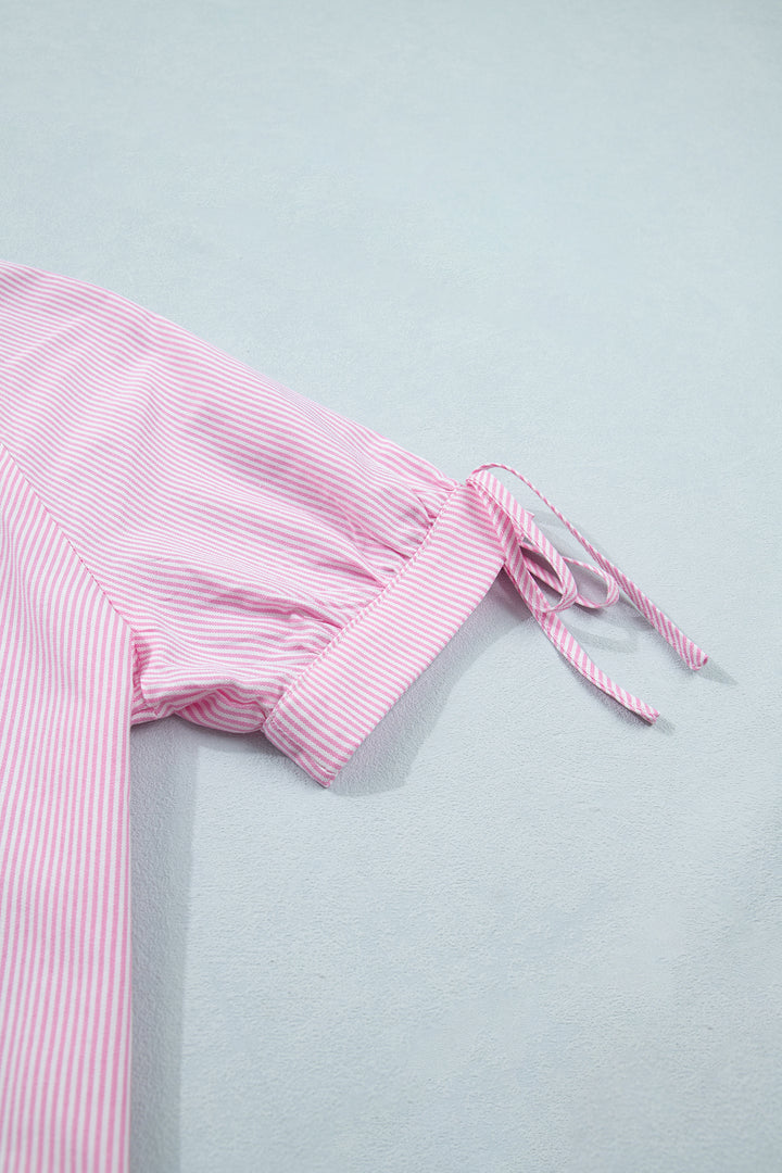 Pink Striped Print Collared Split Neck Half Sleeve Blouse