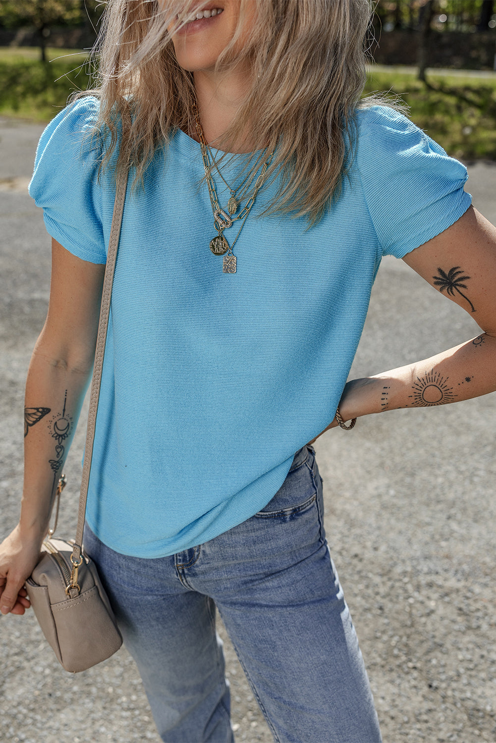 Bubble Sleeve Solid Color Elegant T-Shirt