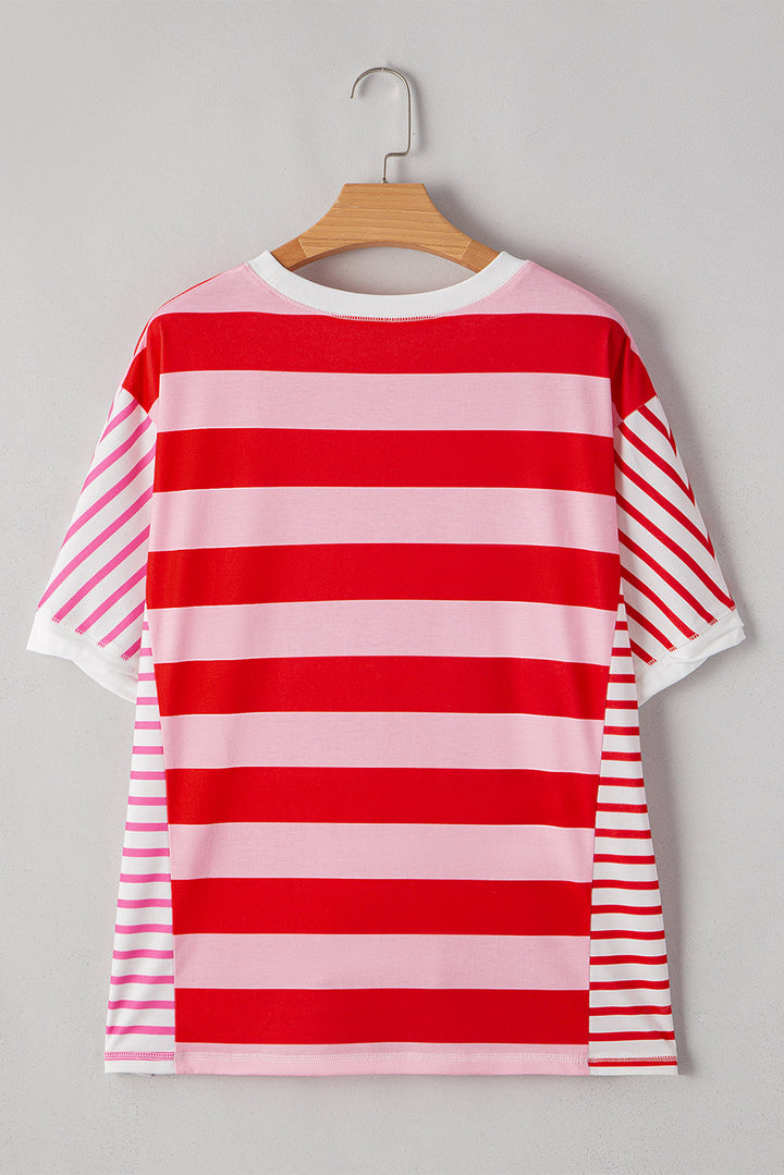 Patchwork Round Neck Side Split Loose T Shirt