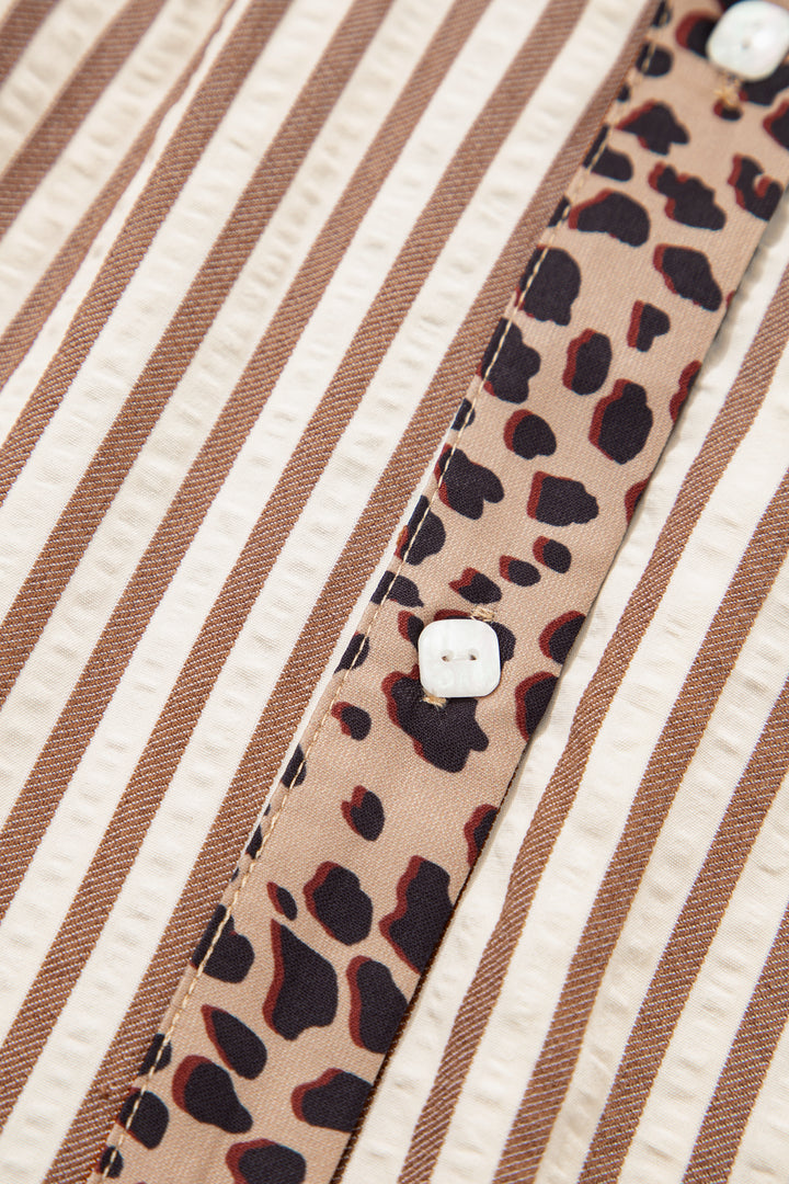 Square Button Leopard Trim Loose Bracelet Sleeve Shirt Dress