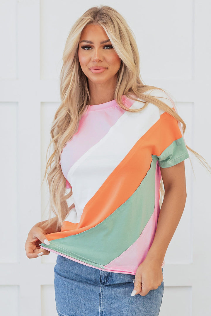 Color Block Patchwork Seamed Crewneck T Shirt